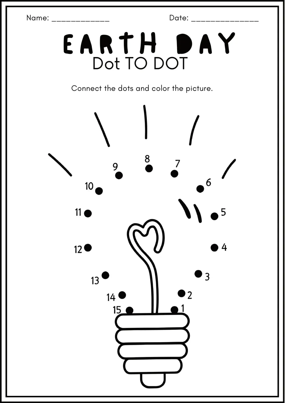 Light bulb with a heart-shaped filament: students join dots 1 to 15 to draw the glass bulb, then color the picture