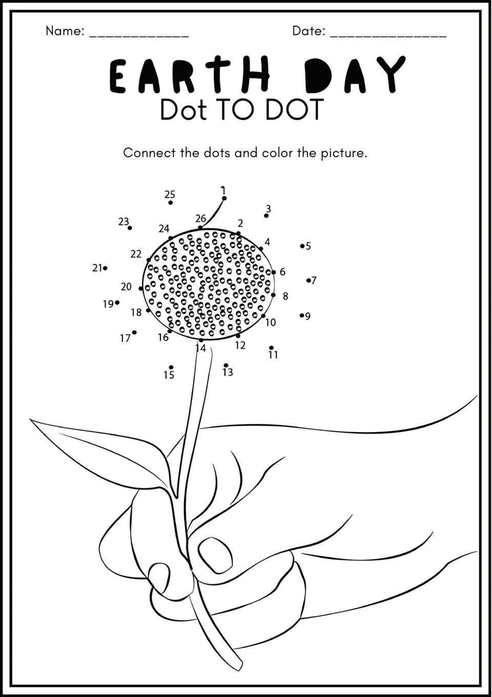 Hand holding a flower: students connect dots 1 to 26 around the seed center to draw the petals, then color the flower