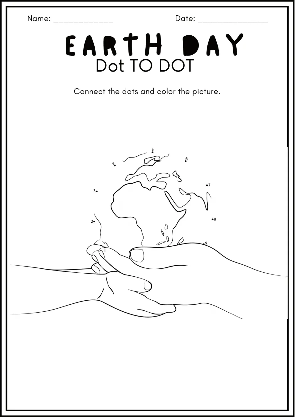 Two hands cupping the Earth: students join dots 1 to 9 to finish the outline of the globe showing Africa, then color