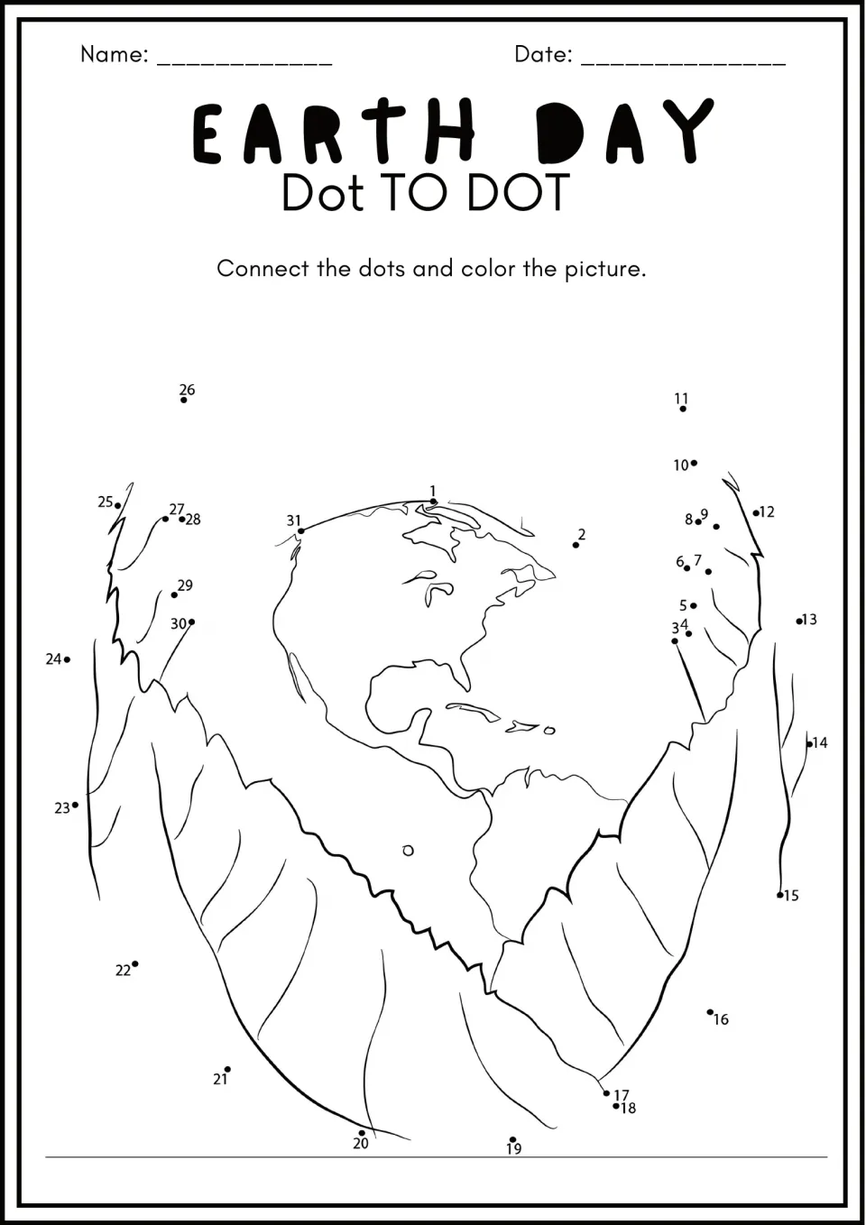 Earth held in large leaves: students connect dots 1 to 31 to complete the globe and leaf edges, then color the scene