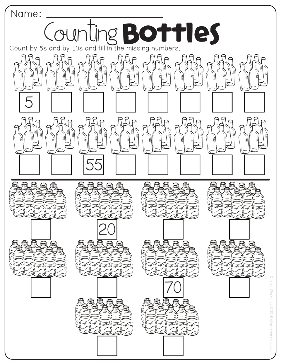Counting Bottles: students skip count groups of bottles by 5s and by 10s and write the missing number under each group
