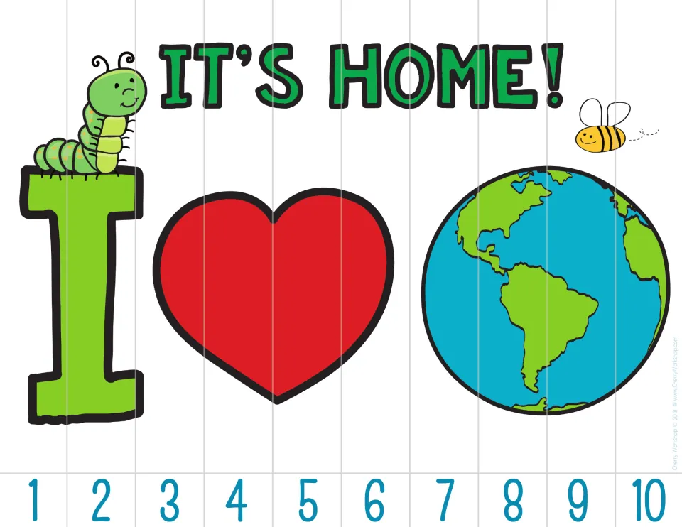Earth Day counting puzzle showing “IT’S HOME!” and I love Earth imagery, with numbers 1–10 counting by ones