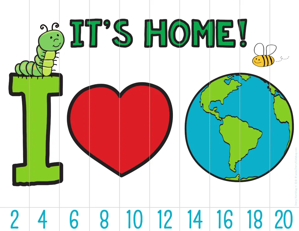 Earth Day counting puzzle showing “IT’S HOME!” and I love Earth imagery, with numbers 2–20 counting by twos