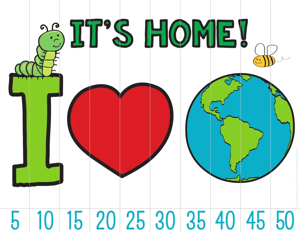 Earth Day counting puzzle showing “IT’S HOME!” and I love Earth imagery, with numbers 5–50 counting by fives