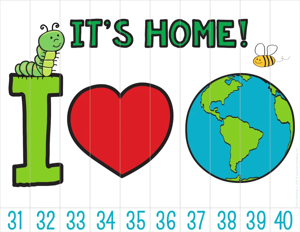 Earth Day counting puzzle showing “IT’S HOME!” and I love Earth imagery, with numbers 31–40 counting by ones