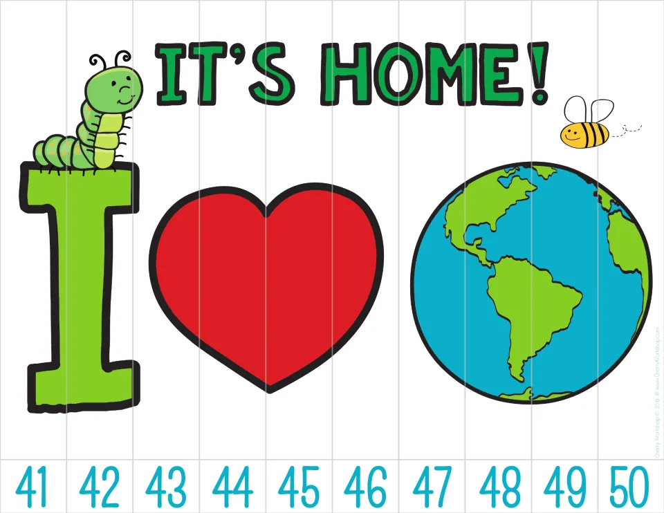 Earth Day counting puzzle showing “IT’S HOME!” and I love Earth imagery, with numbers 41–50 counting by ones