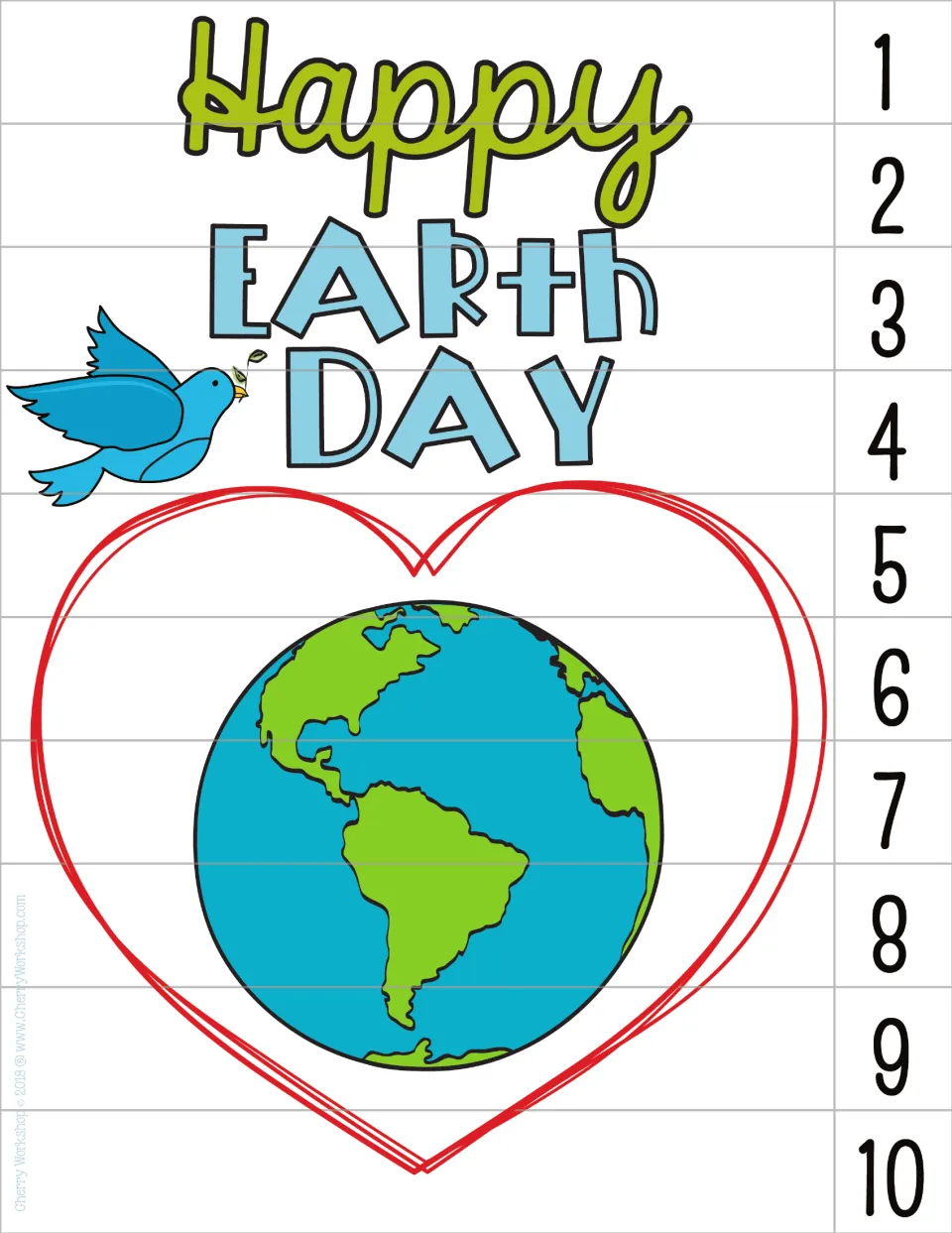 Earth Day counting puzzle showing “Happy Earth Day” above a globe, with numbers 1–10 counting by ones