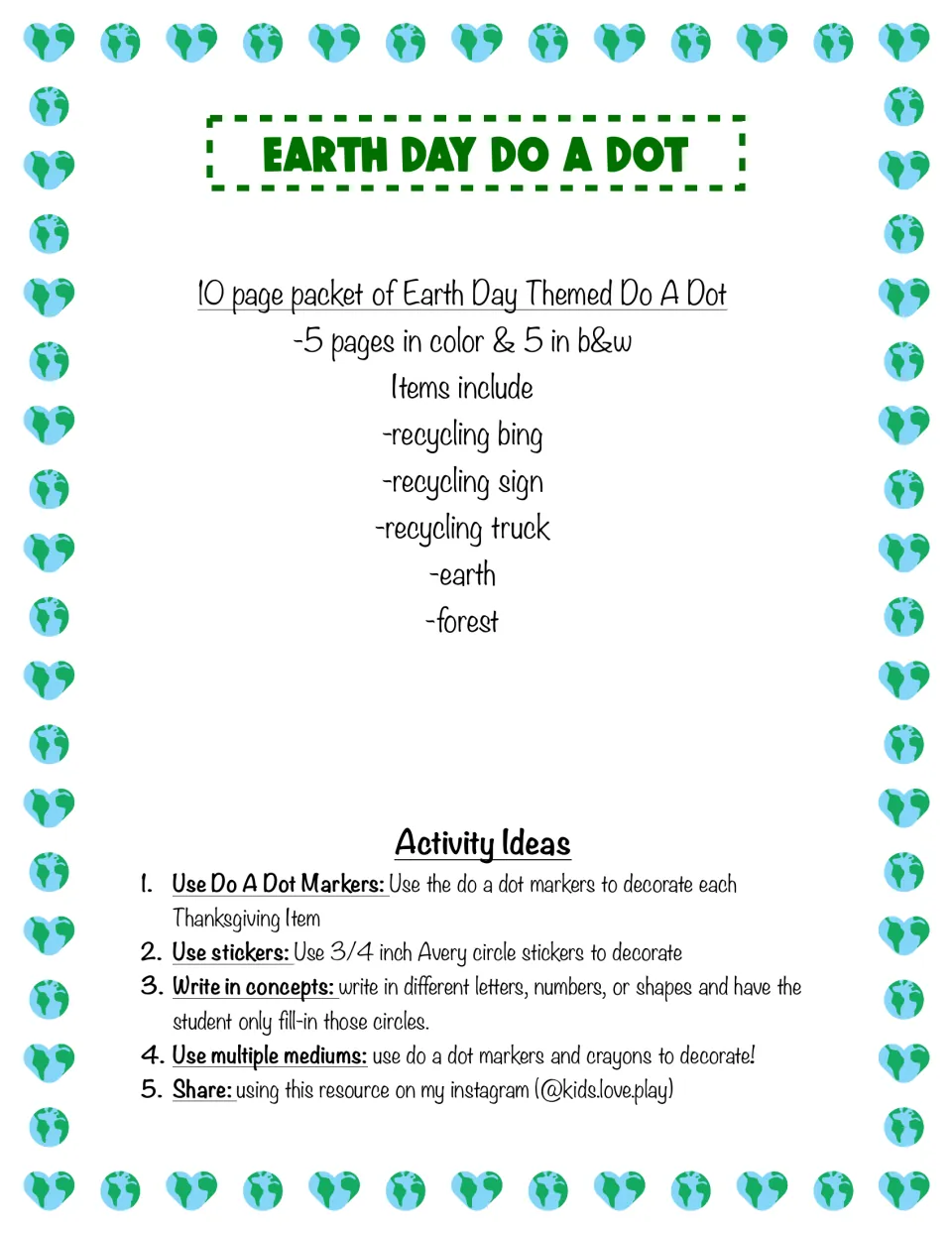 Earth Day Do A Dot instructions list five designs and suggest dot markers, circle stickers, and added concepts.