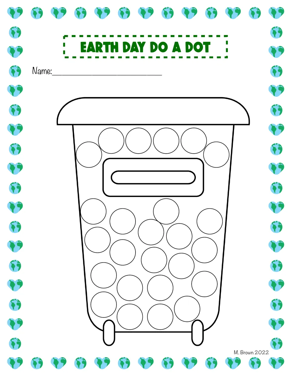 Recycling bin dot-marker activity, color version: a wheeled bin filled with circles for students to decorate.