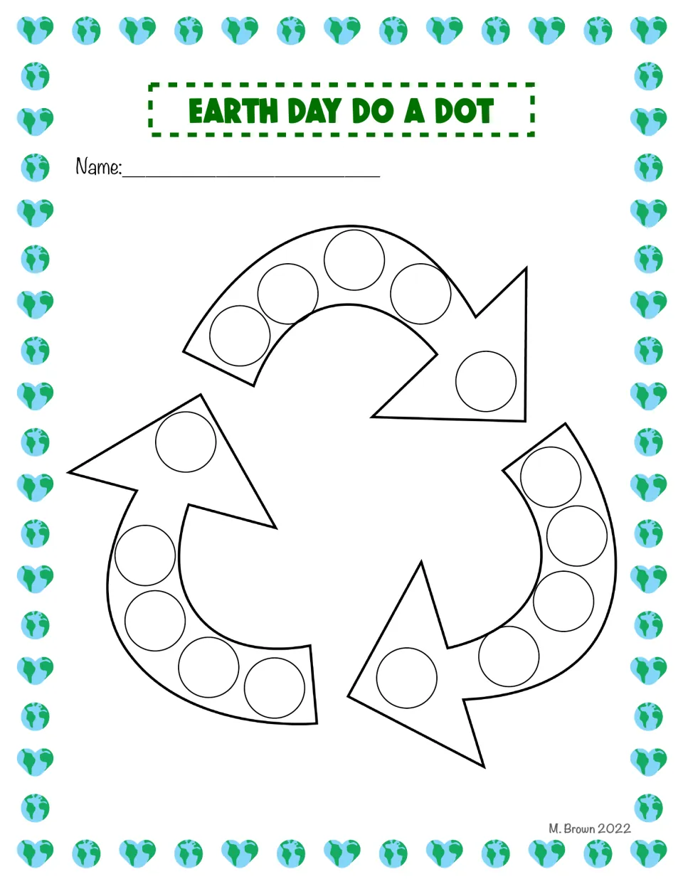 Recycling symbol dot-marker activity, color version: three connected arrows contain circles to decorate.