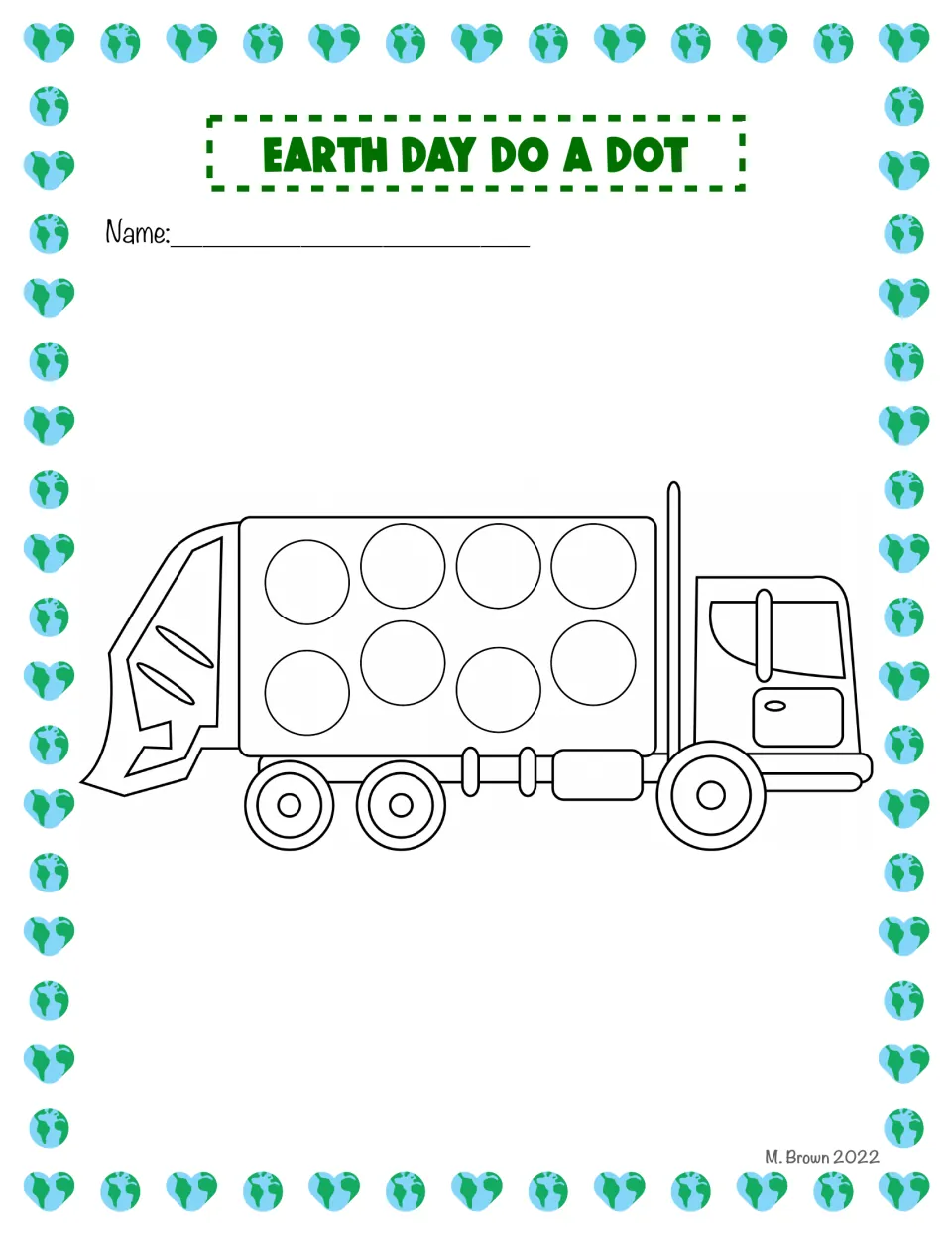 Recycling truck dot-marker activity, color version: a truck has eight circles in its body to decorate.