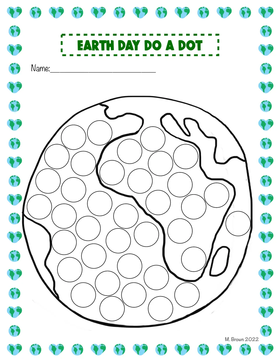 Earth dot-marker activity, color version: a globe showing land and water contains circles to decorate.