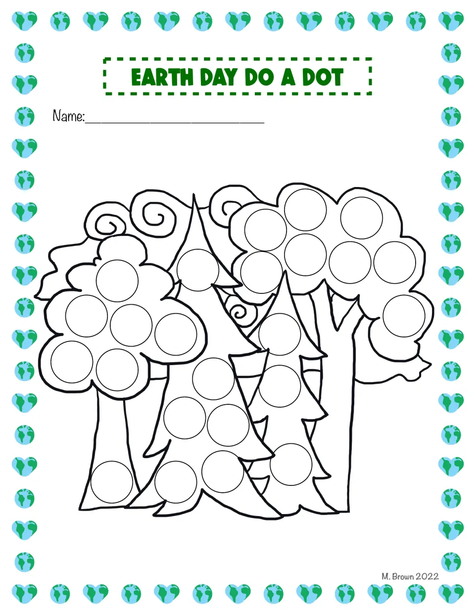 Forest dot-marker activity, color version: overlapping evergreen and rounded trees have circles to decorate.