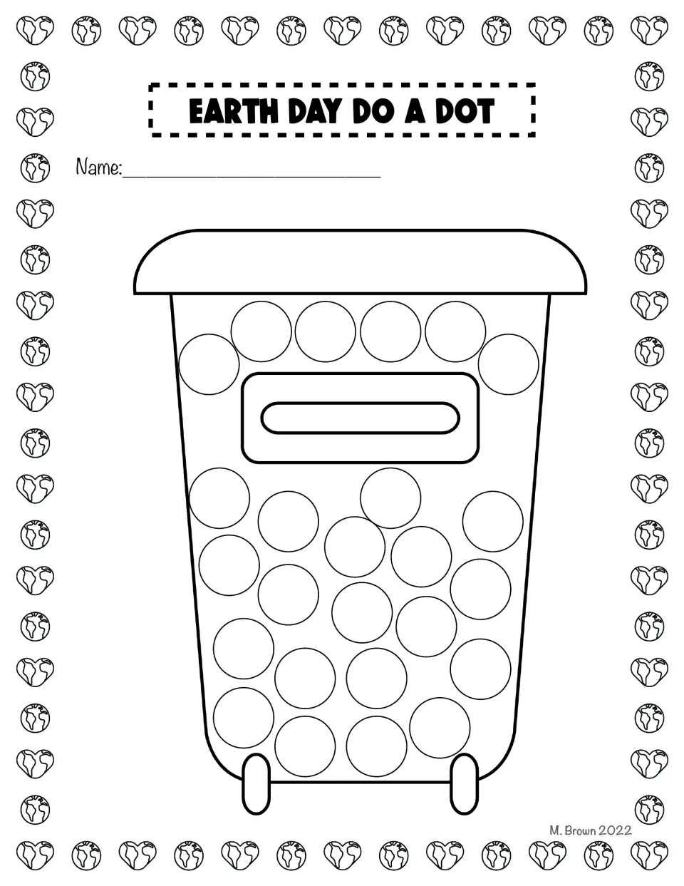 Recycling bin dot-marker activity, black-and-white version: a wheeled bin contains circles to decorate.