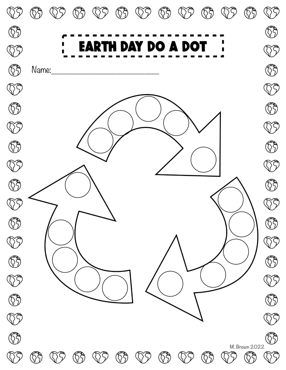 Recycling symbol dot-marker activity, black-and-white version: three arrows contain circles to decorate.
