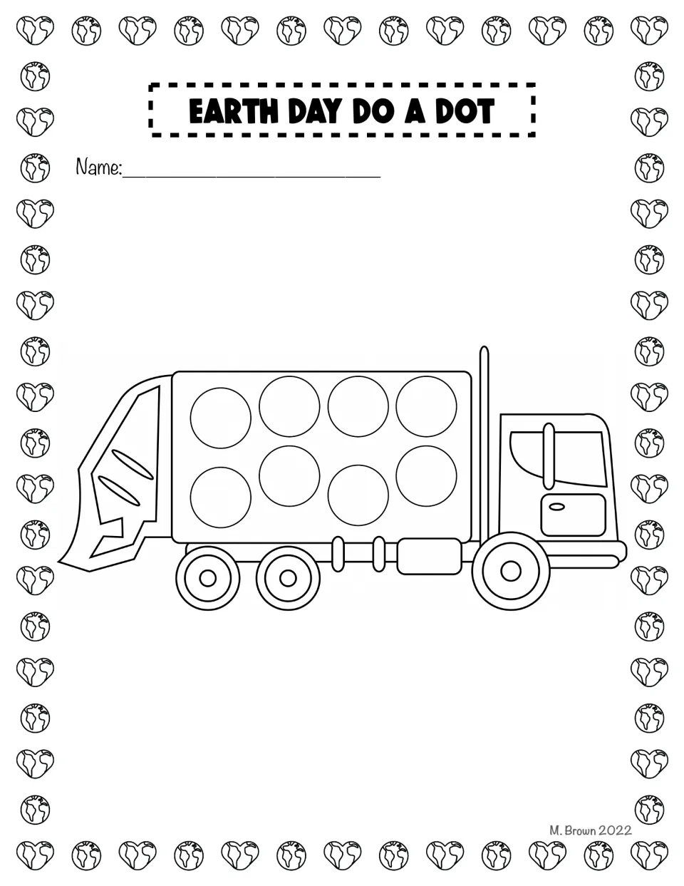 Recycling truck dot-marker activity, black-and-white version: eight circles fill the truck body for decorating.