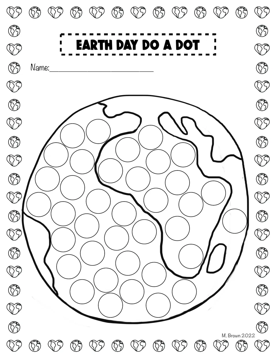 Earth dot-marker activity, black-and-white version: a globe has continent outlines and circles to decorate.