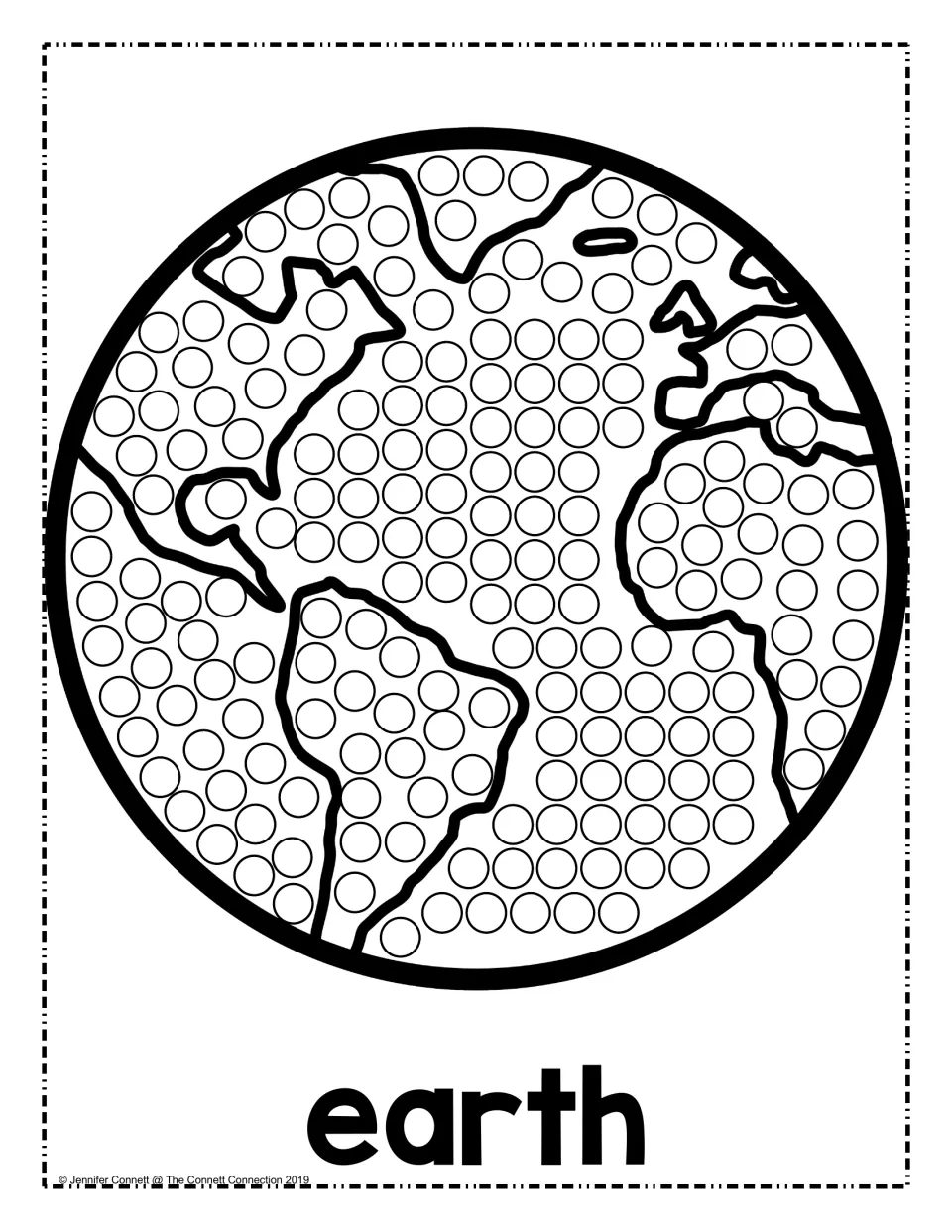 Earth dot painting: students dab a marker or paint dot in each circle across the globe's land and oceans, labeled earth