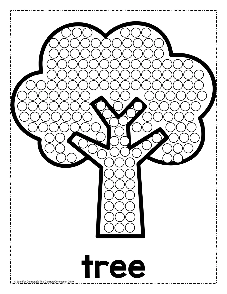 Tree dot painting: students fill each circle on the leafy treetop, branches and trunk with a dot, word tree below