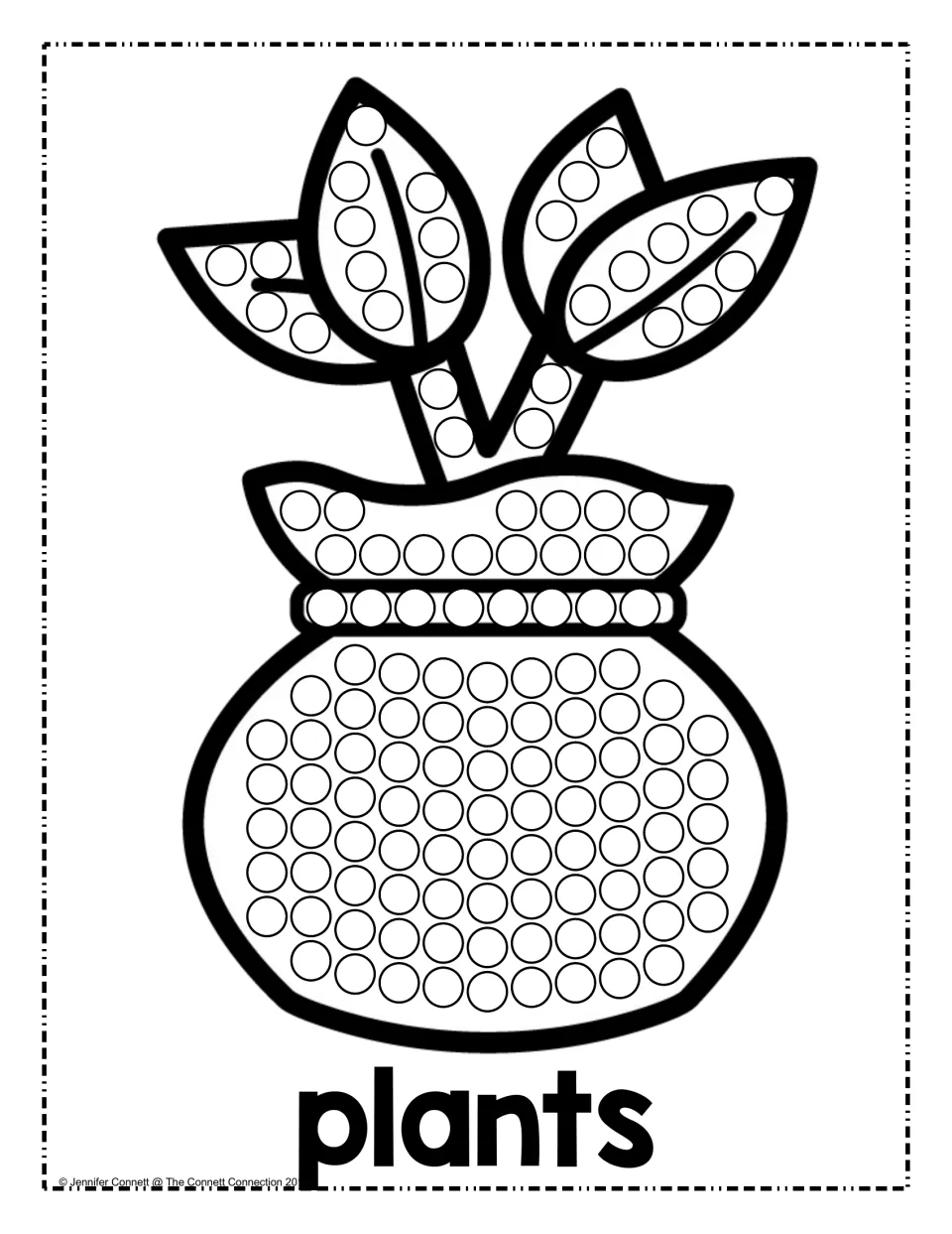 Plants dot painting: students dot each circle on a potted plant's leaves, stems and pot, with the word plants below
