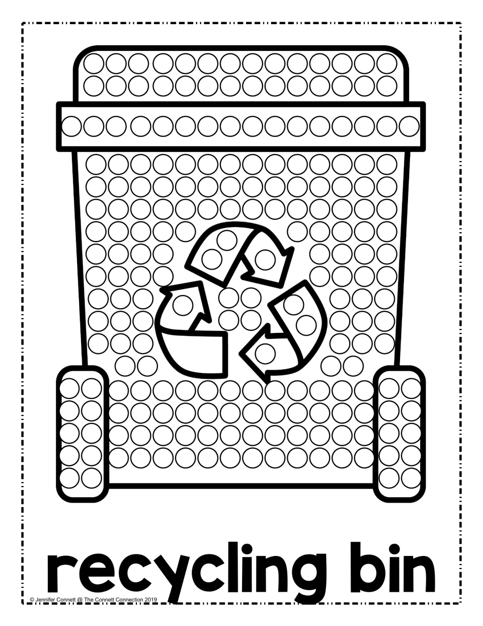 Recycling bin dot painting: students dab dots in the circles on a wheeled bin marked with the recycling arrows symbol