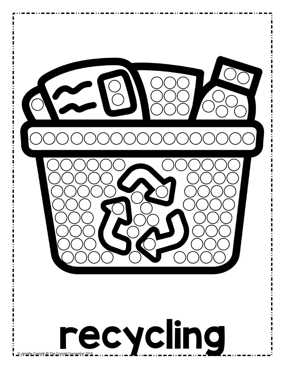 Recycling dot painting: students dot circles on a basket of paper, a carton and a bottle with the recycling symbol
