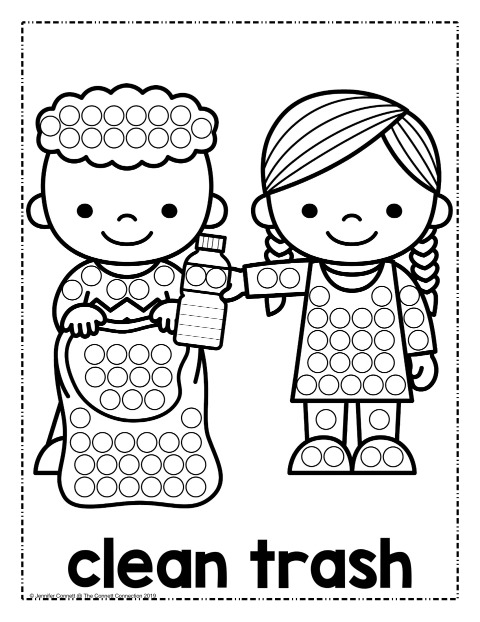 Clean trash dot painting: students dot circles on two children picking up litter, one holding a bag and one a bottle