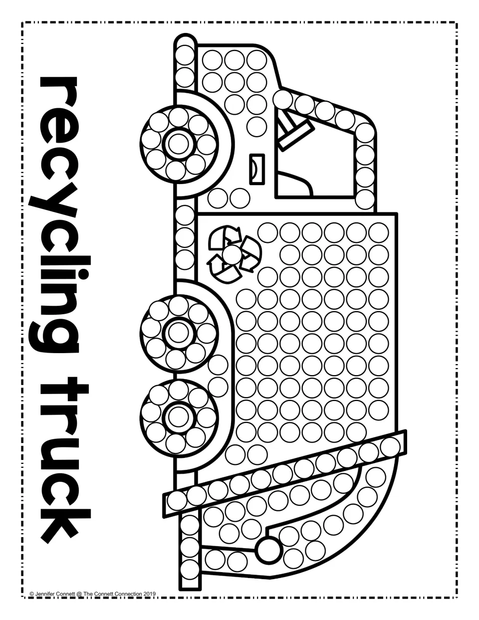 Recycling truck dot painting: students dab a dot in each circle on the truck's cab, body and wheels