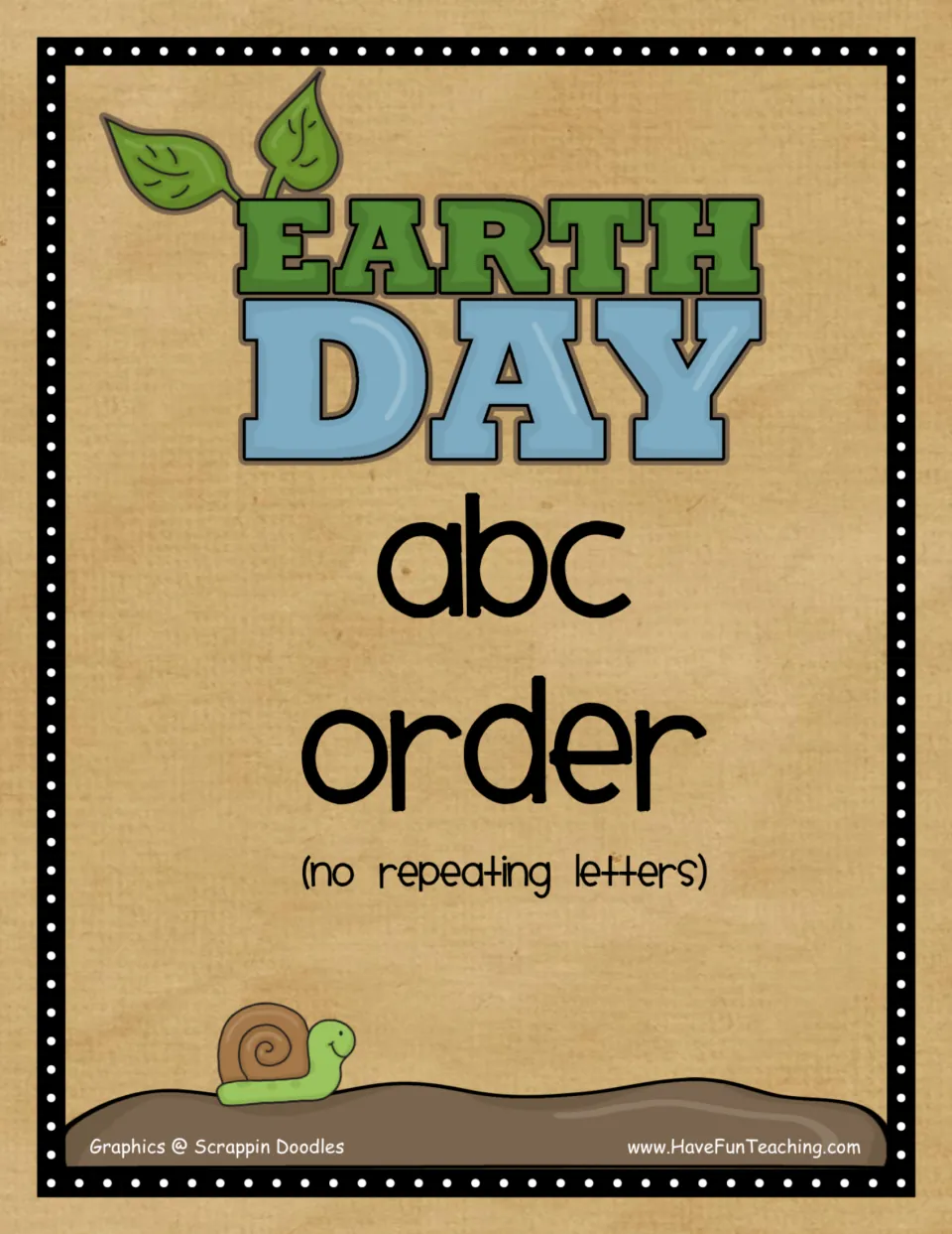 Earth Day abc order cover with leafy title lettering and a snail, subtitled (no repeating letters)