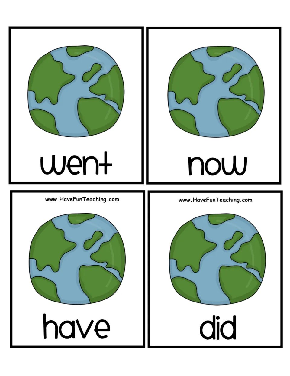 Earth globe word cards for alphabetical order: students cut apart and sort went, now, have and did by first letter