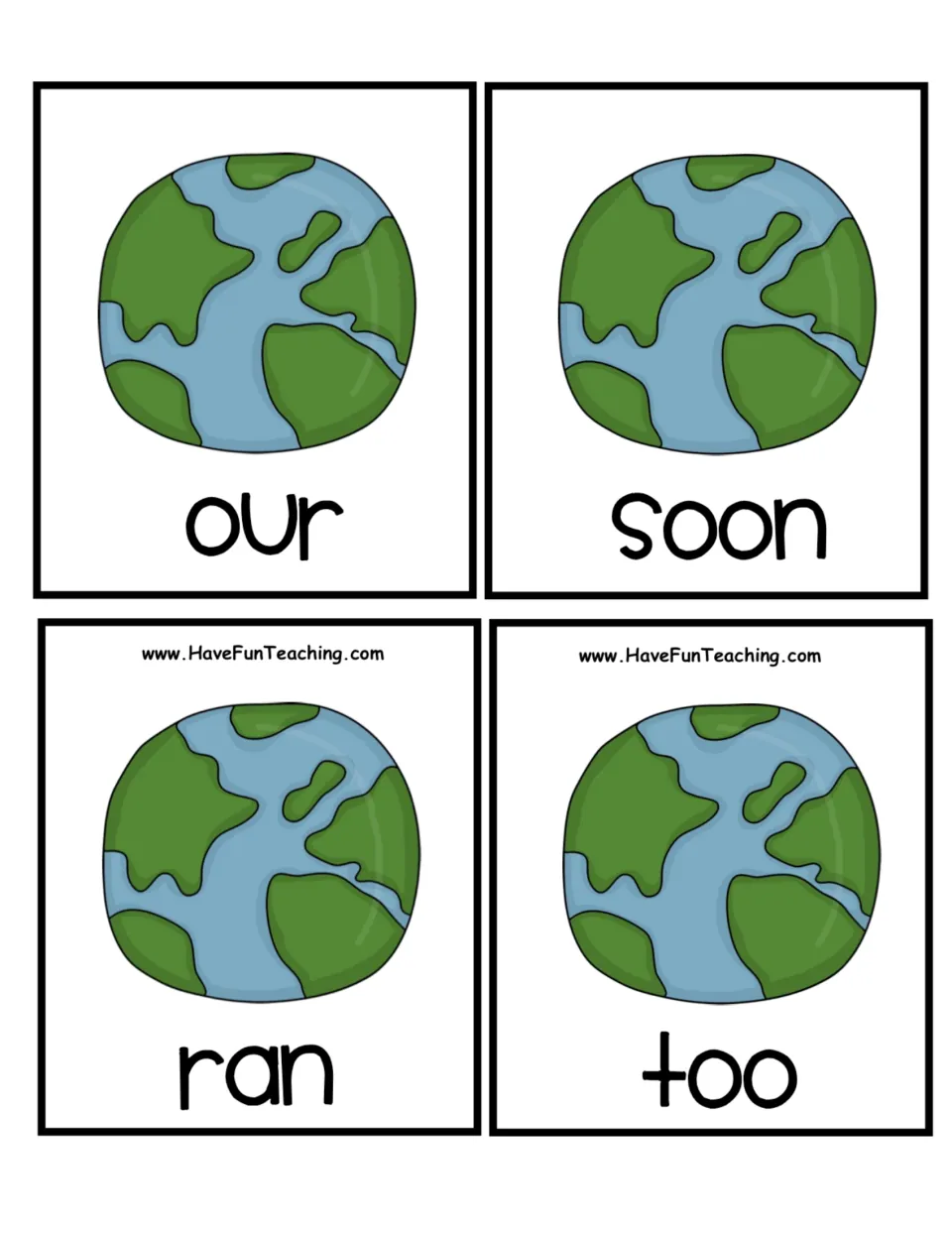 More Earth globe word cards to alphabetize: our, soon, ran and too, completing the eight-word globe set by first letter