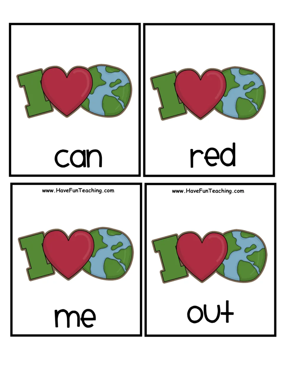 I love Earth heart word cards: students put can, red, me and out in ABC order using each word's first letter
