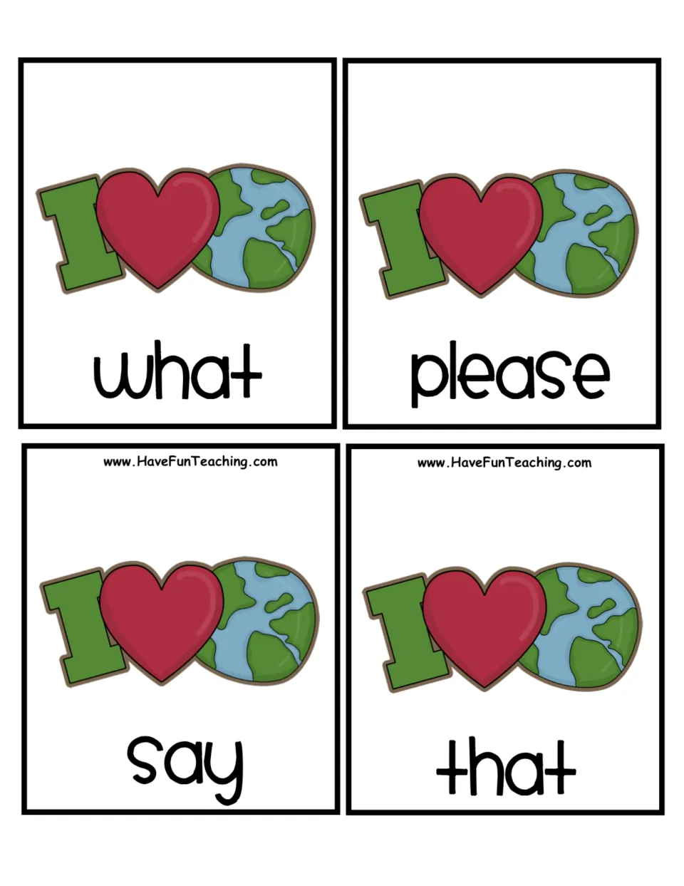 Second page of I love Earth cards with the words what, please, say and that for students to sequence alphabetically