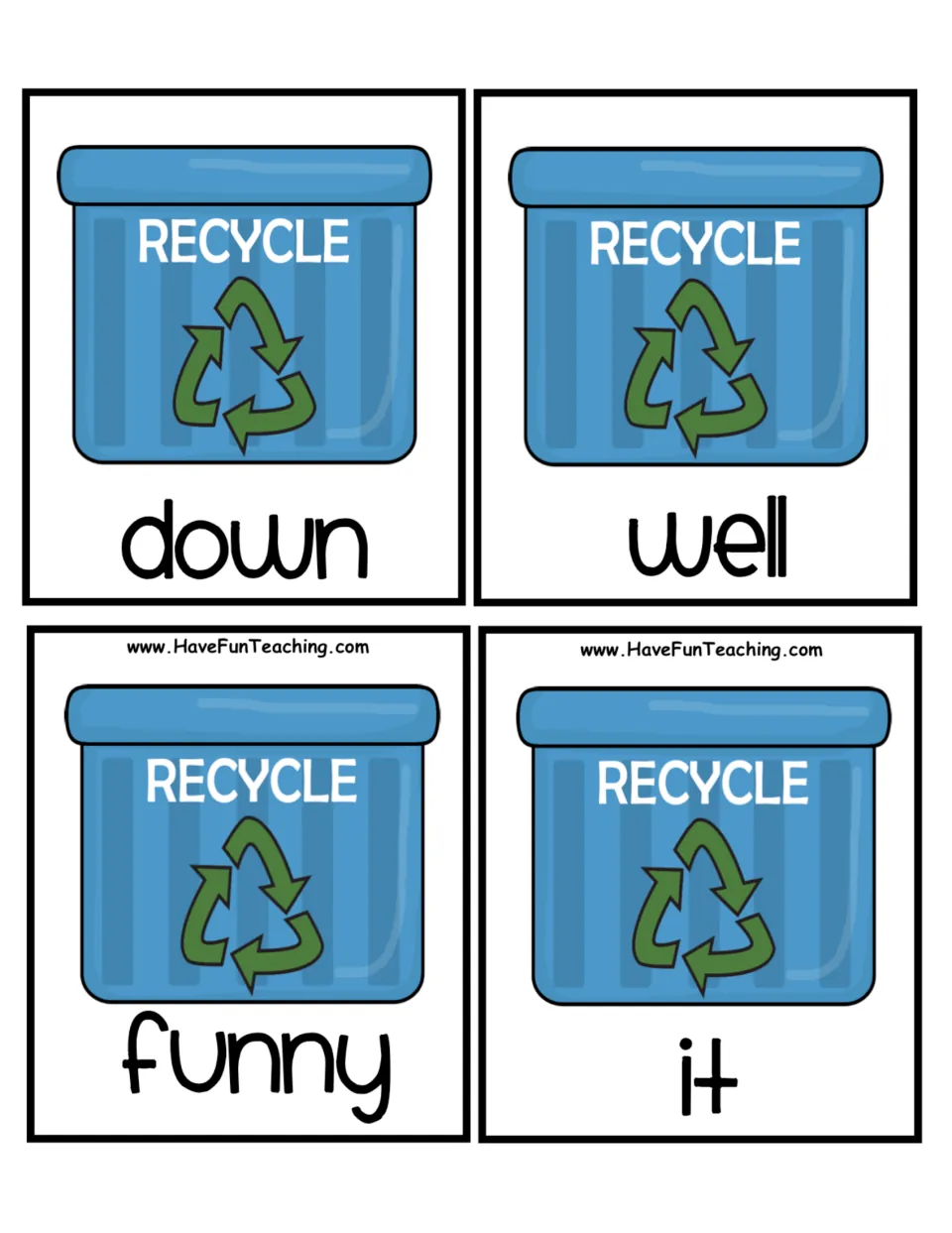 Recycle bin word cards for ABC order practice: students sort down, well, funny and it by their first letters