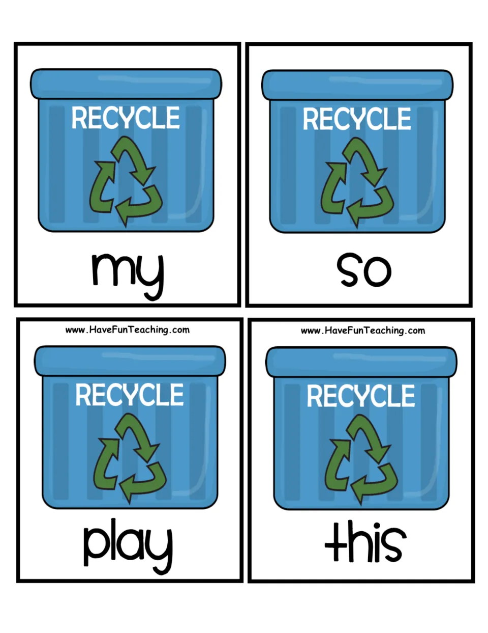 More recycle bin word cards to alphabetize: my, so, play and this, finishing the eight-word recycling set