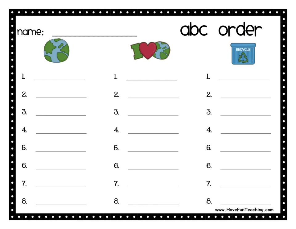 abc order recording sheet: students write each set of eight sorted words under the globe, I love Earth and recycle icons