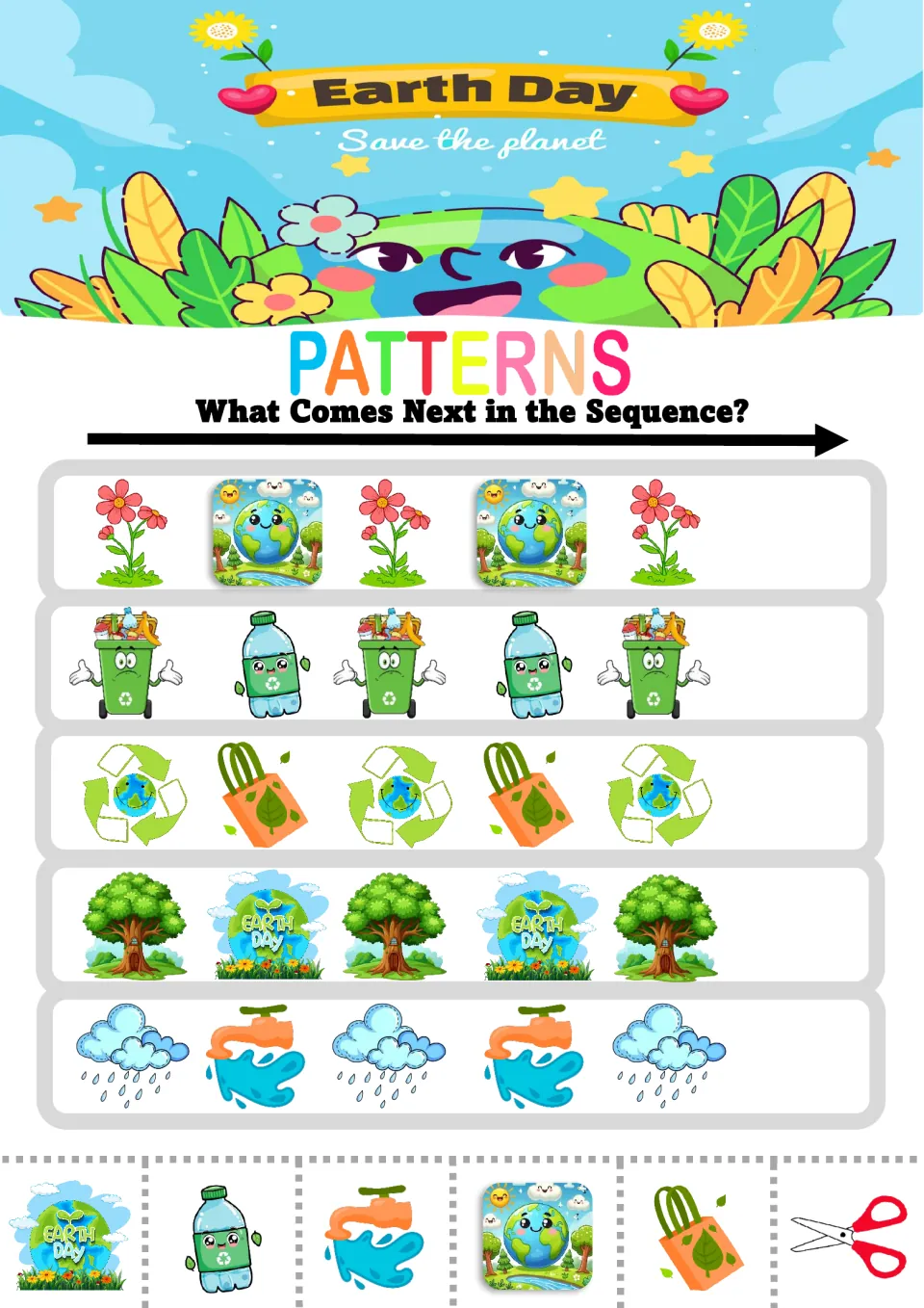 Earth Day AB patterns: students cut out pictures to extend flower-Earth, bin-bottle, recycle-bag and rain-faucet rows