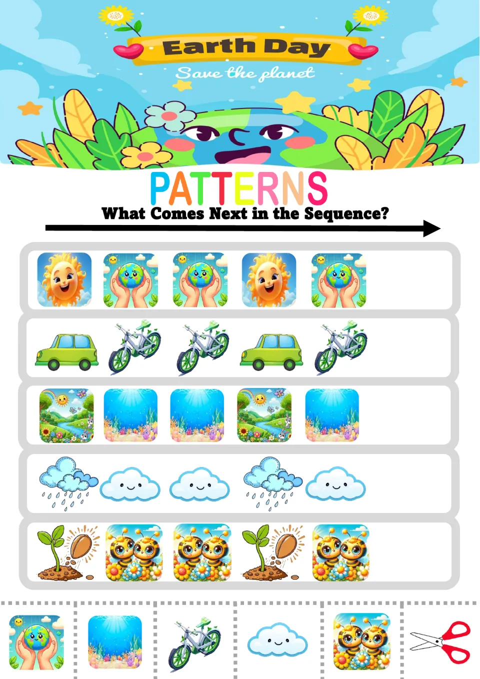 Earth Day ABB patterns: students cut out the next picture for sun-Earth, car-bike, meadow-ocean, rain-cloud, sprout-bees