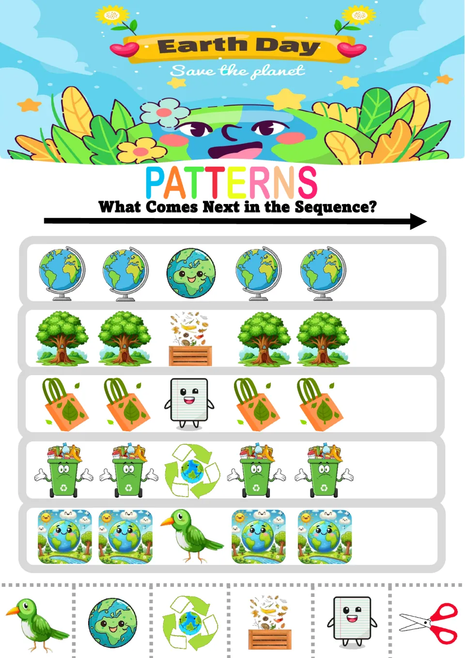 Earth Day AAB patterns: students glue the odd picture next in globe, tree, tote bag, recycling bin and Earth scene rows