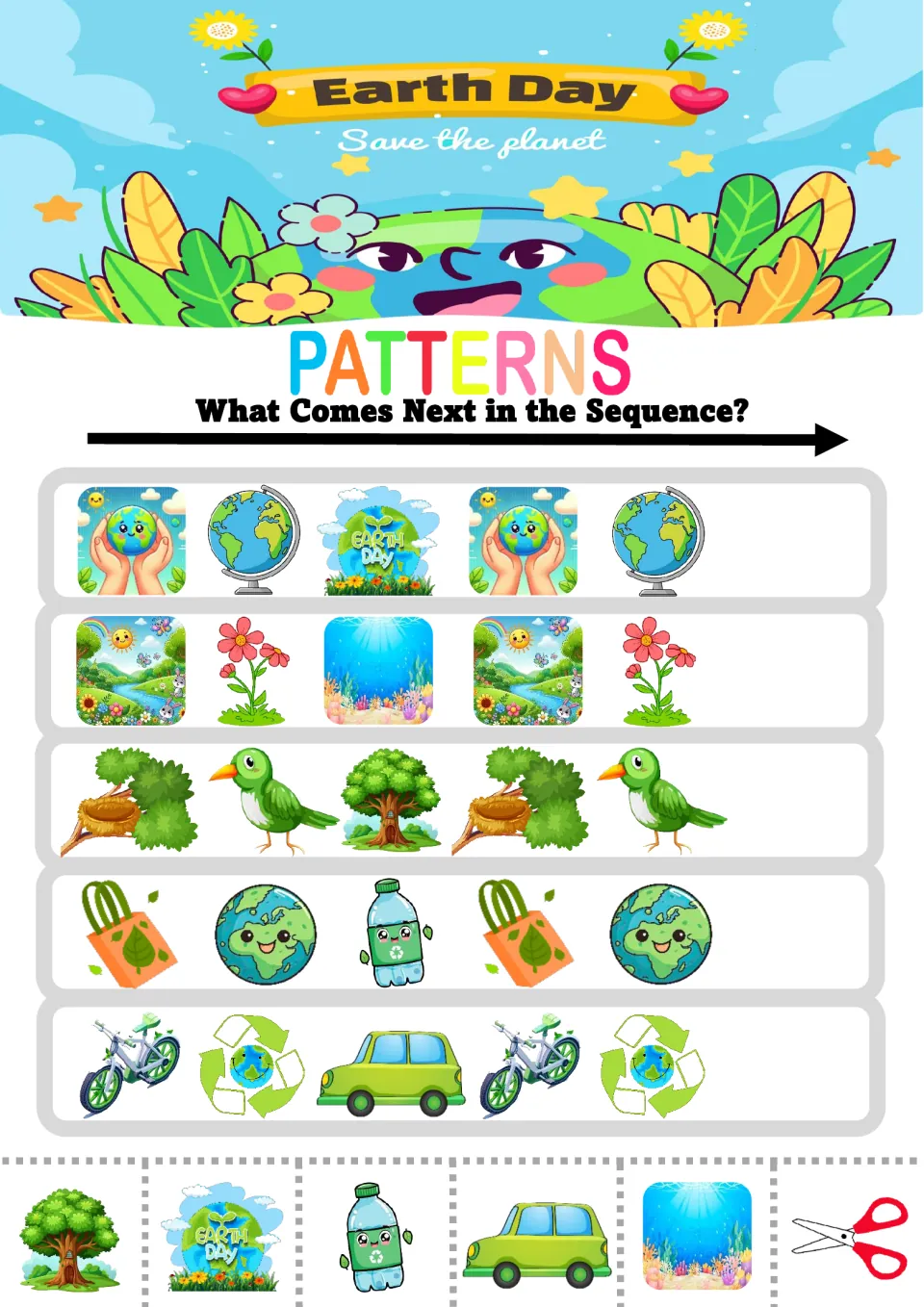 Earth Day ABC patterns: students extend three-picture sequences such as bag-Earth-bottle and bike-recycle sign-car