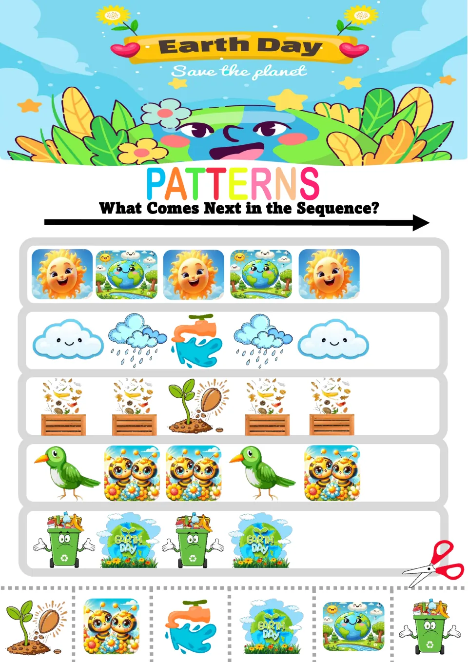 Earth Day mixed patterns: students continue sun-Earth, cloud-rain-faucet, compost-sprout, bird-bees and bin-badge rows