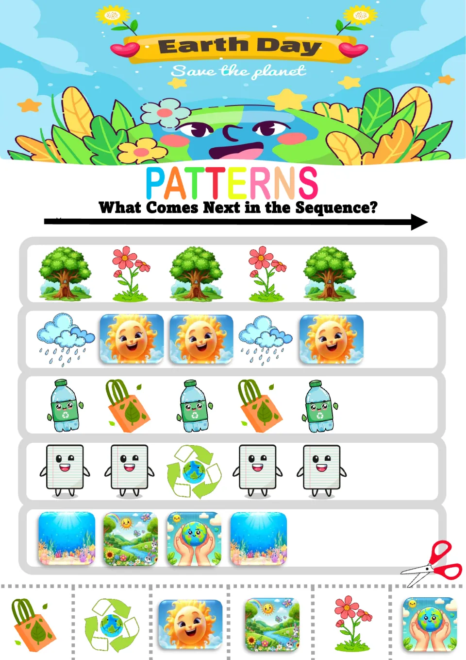 Earth Day sequences: students cut and glue what comes next after tree-flower, rain-sun, bottle-bag and ocean-meadow rows