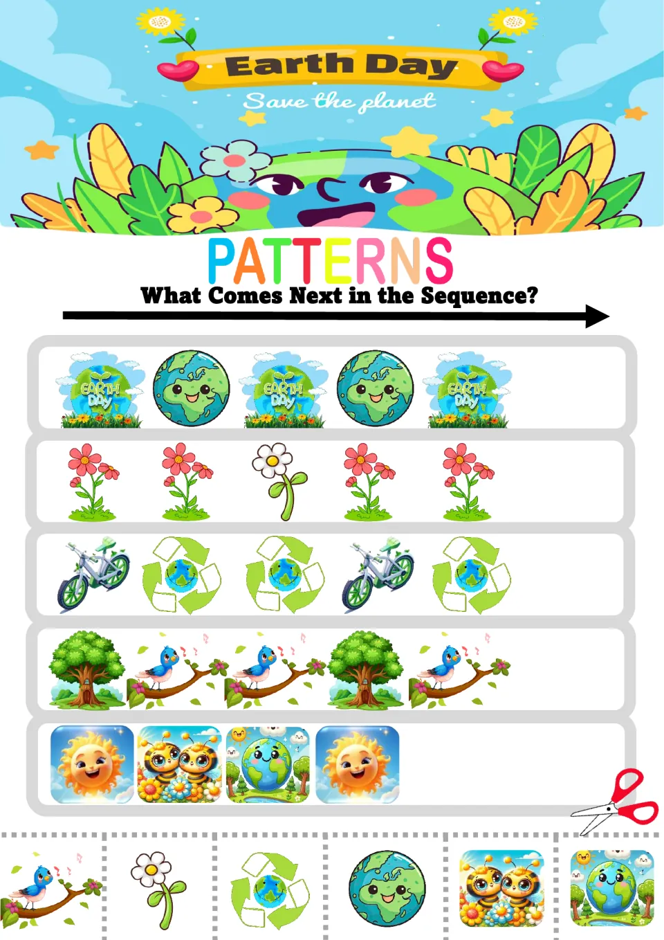 Earth Day picture patterns: students extend Earth Day badge-globe, red-white flower, bike-recycle and tree-bluebird rows