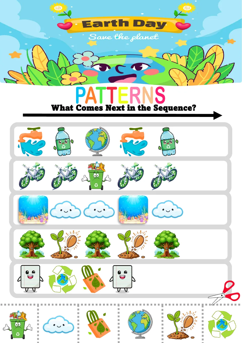 Earth Day patterns: students finish faucet-bottle-globe, bikes and bin, ocean-cloud, tree-sprout and paper-recycle-bag rows