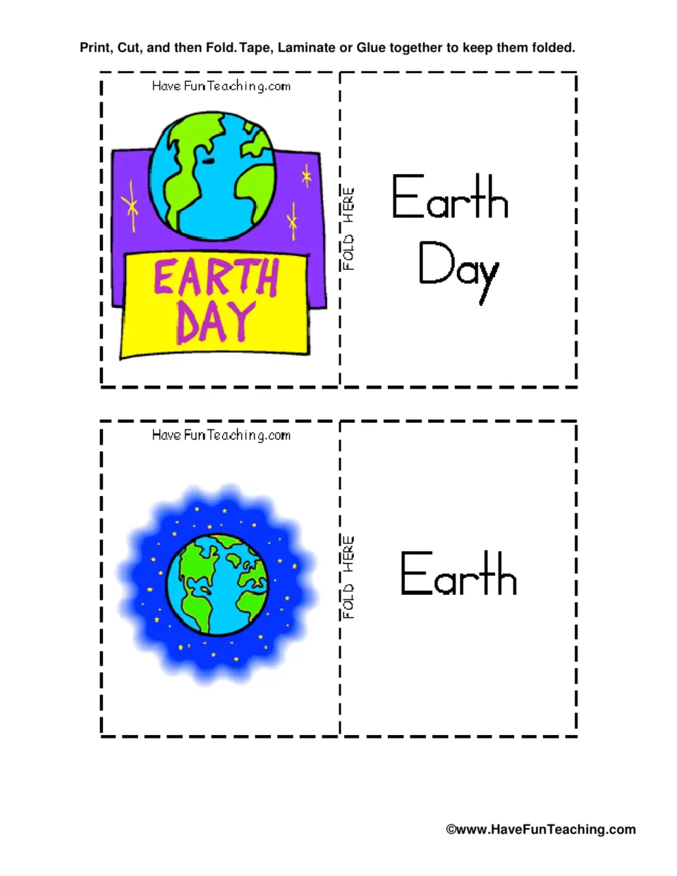 Earth Day vocabulary flashcards 1–2: Earth Day and Earth, with globe pictures and assembly instructions