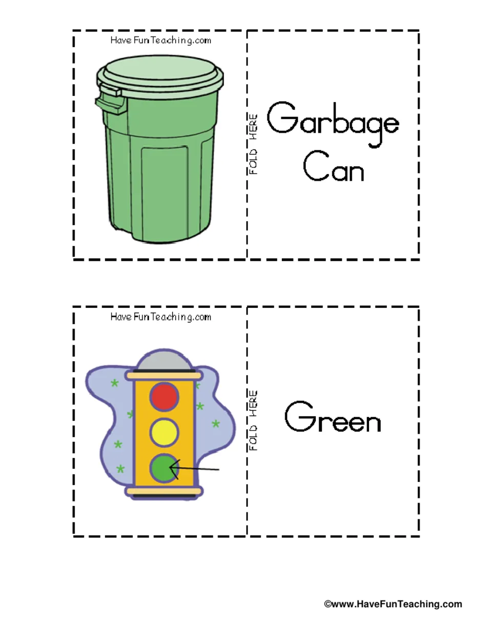 Earth Day vocabulary flashcards 3–4: Garbage Can and Green, pictured as a garbage can and a green light