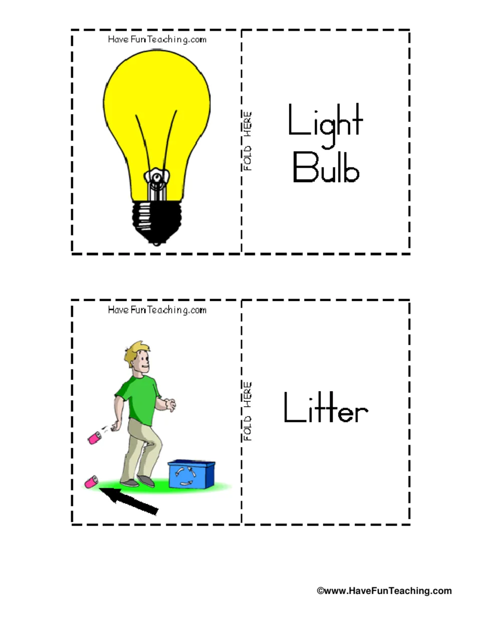 Earth Day vocabulary flashcards 5–6: Light Bulb and Litter, with pictures of a bulb and discarded trash