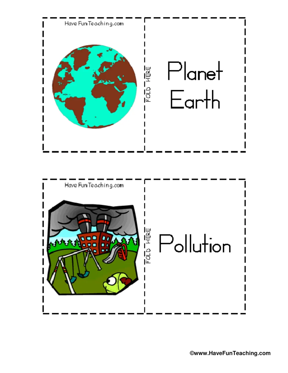 Earth Day vocabulary flashcards 7–8: Planet Earth and Pollution, with a globe and factory smoke pictures