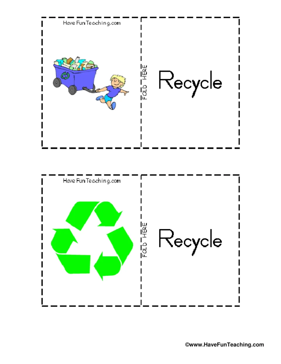 Earth Day vocabulary flashcards 9–10: two Recycle cards showing a child pulling a bin and a recycling symbol