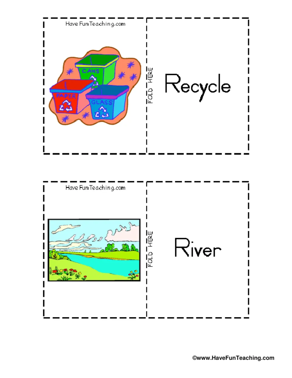 Earth Day vocabulary flashcards 11–12: Recycle and River, with labeled recycling bins and a river scene